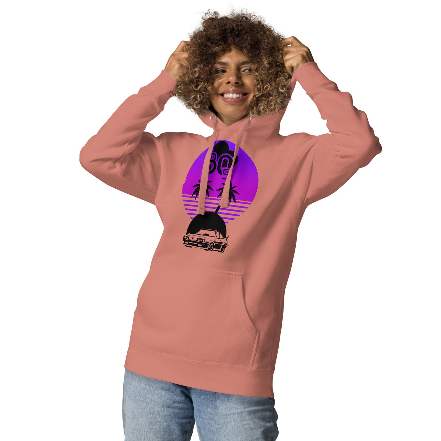 Vaporwave Sunset Unisex Hoodie with retro 80s synthwave design by Hipyfi Clothes & Design. dusty-rose-front