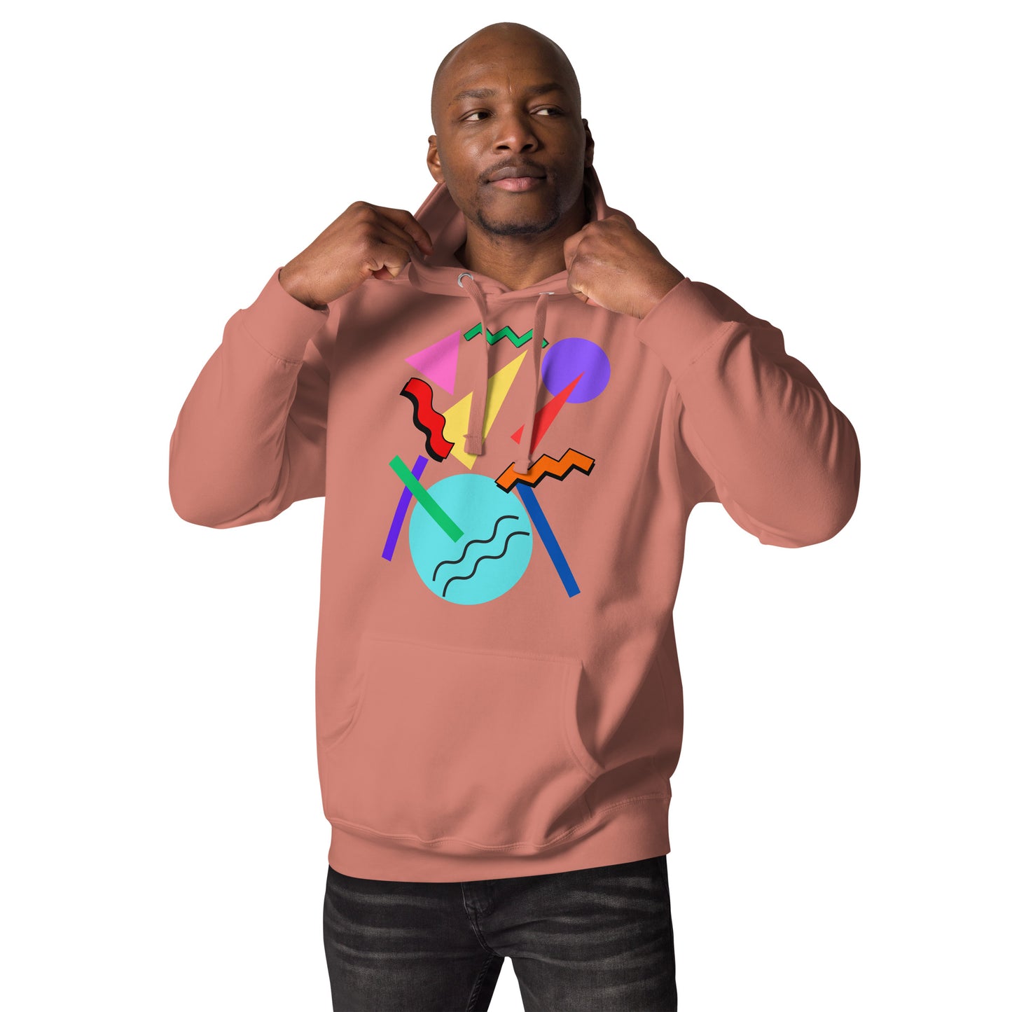Retro Pop Memphis Hoodie with colorful geometric abstract design – unisex streetwear by Hipyfi Clothes & Design. dusty-rose-front