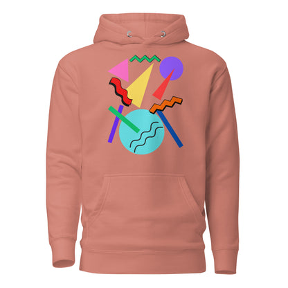 Retro Pop Memphis Hoodie with colorful geometric abstract design – unisex streetwear by Hipyfi Clothes & Design. dusty-rose-front-2