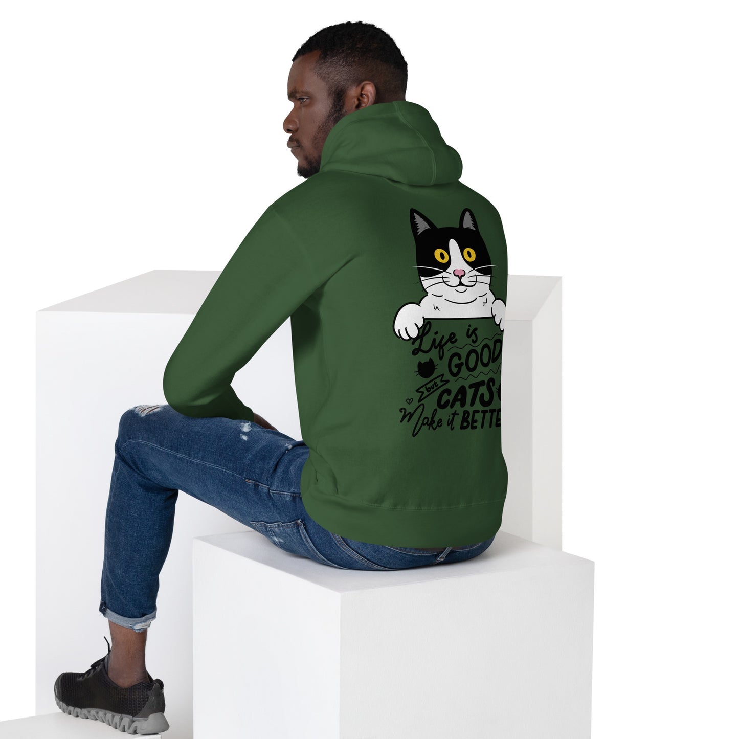 Unisex premium cat hoodie with cartoon black-and-white cat and “Life is Better With Cats” quote – Hipyfi Clothes & Design. forest-green-back