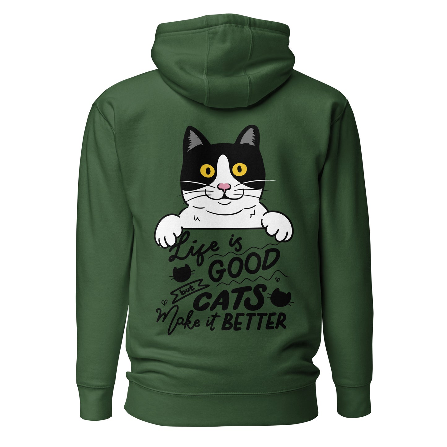 Unisex premium cat hoodie with cartoon black-and-white cat and “Life is Better With Cats” quote – Hipyfi Clothes & Design. forest-green-back-2
