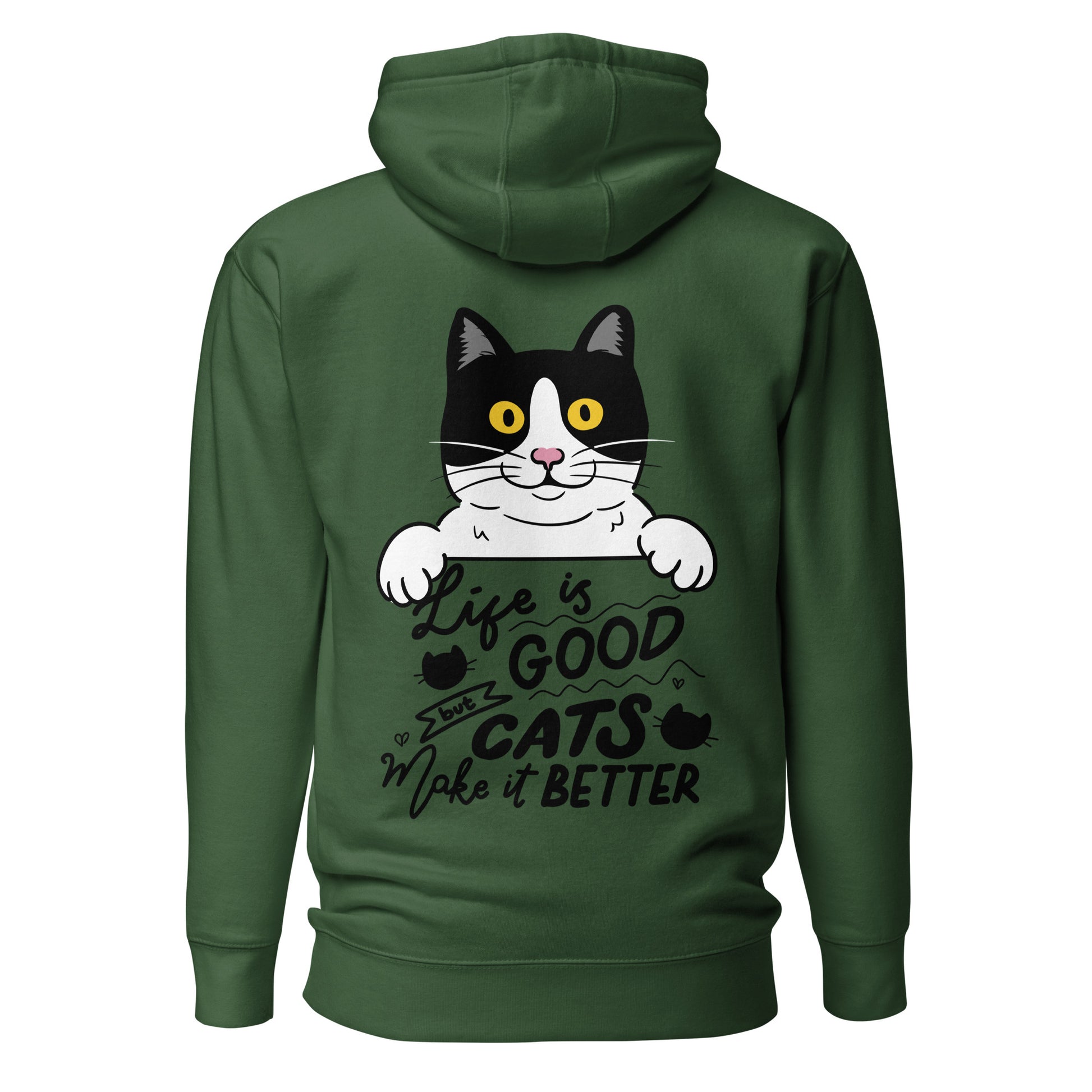 Unisex premium cat hoodie with cartoon black-and-white cat and “Life is Better With Cats” quote – Hipyfi Clothes & Design. forest-green-back-2
