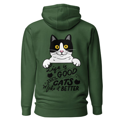 Unisex premium cat hoodie with cartoon black-and-white cat and “Life is Better With Cats” quote – Hipyfi Clothes & Design. forest-green-back-2