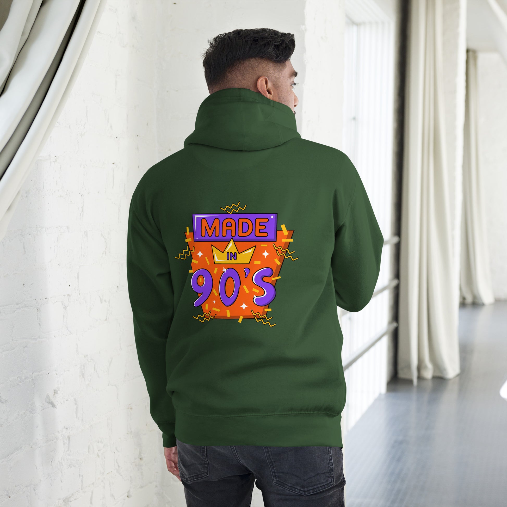 Back to 90s retro unisex graphic hoodie with colorful vintage design – Hipyfi Clothes & Design. forest-green-back