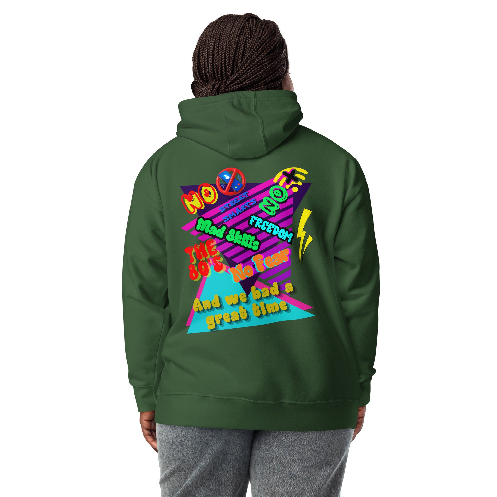 Unisex retro 80s graffiti hoodie with neon colors and streetwear design by Hipyfi Clothes & Design forest-green-back
