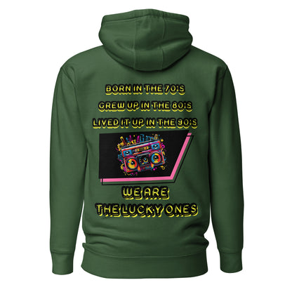 Retro graphic unisex hoodie with 70s 80s 90s boombox design by Hipyfi – vintage streetwear style. forest-green-back-2