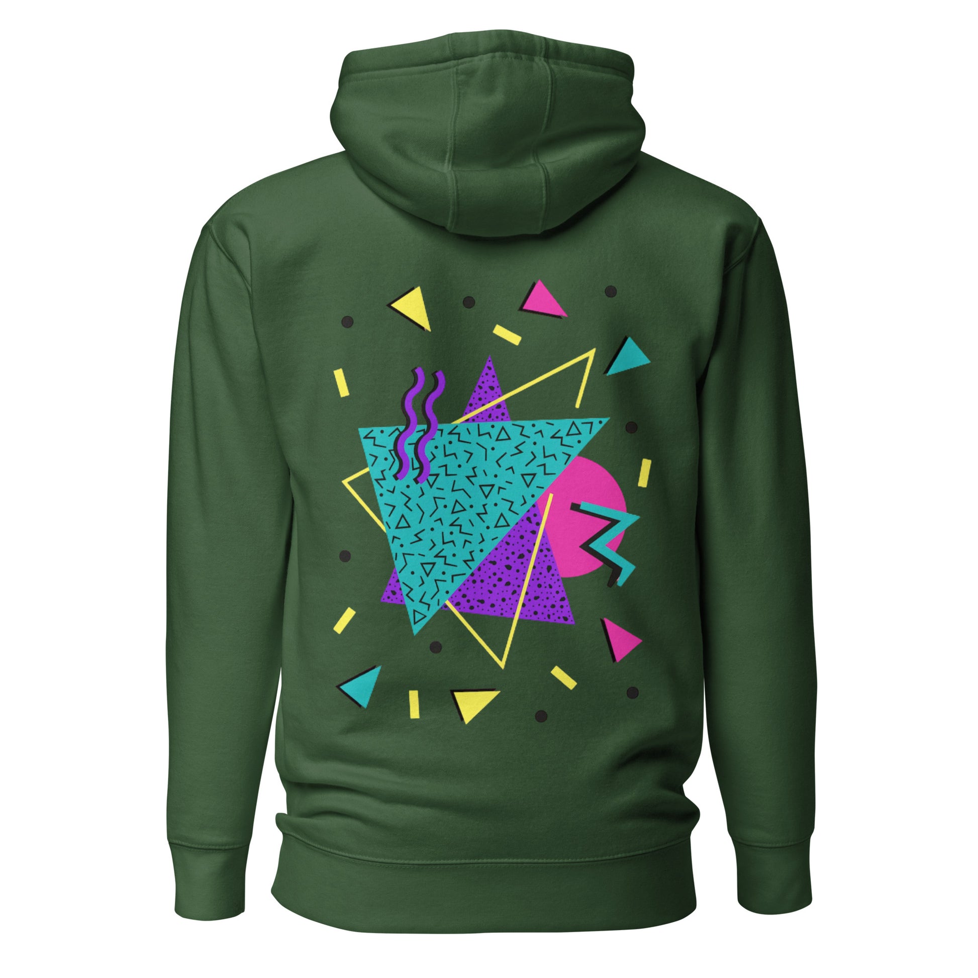 Retro Pop Memphis Hoodie with colorful geometric abstract design – unisex streetwear by Hipyfi Clothes & Design. forest-green-back-2