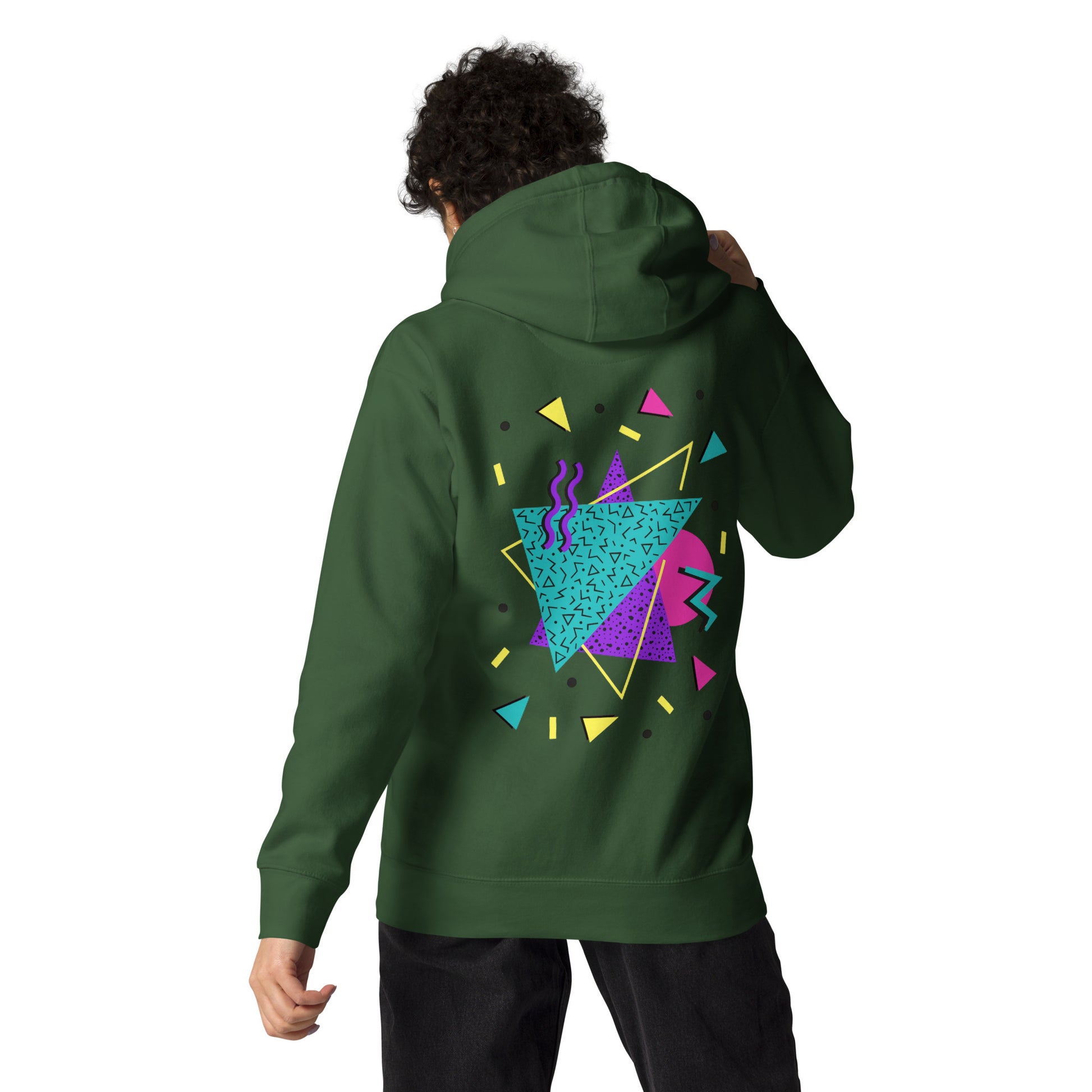 Retro Pop Memphis Hoodie with colorful geometric abstract design – unisex streetwear by Hipyfi Clothes & Design. forest-green-back
