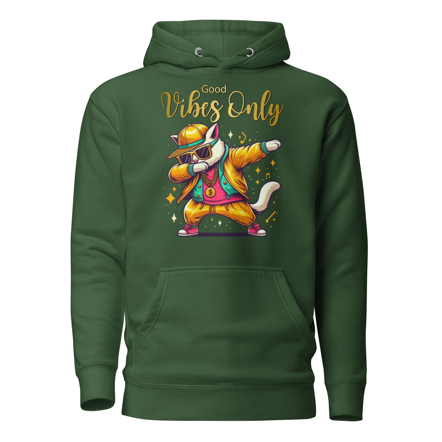 Unisex Good Vibes Cat Hoodie featuring a dabbing cat in hip-hop streetwear – premium graphic hoodie by Hipyfi Clothes & Design. forest-green-front-2