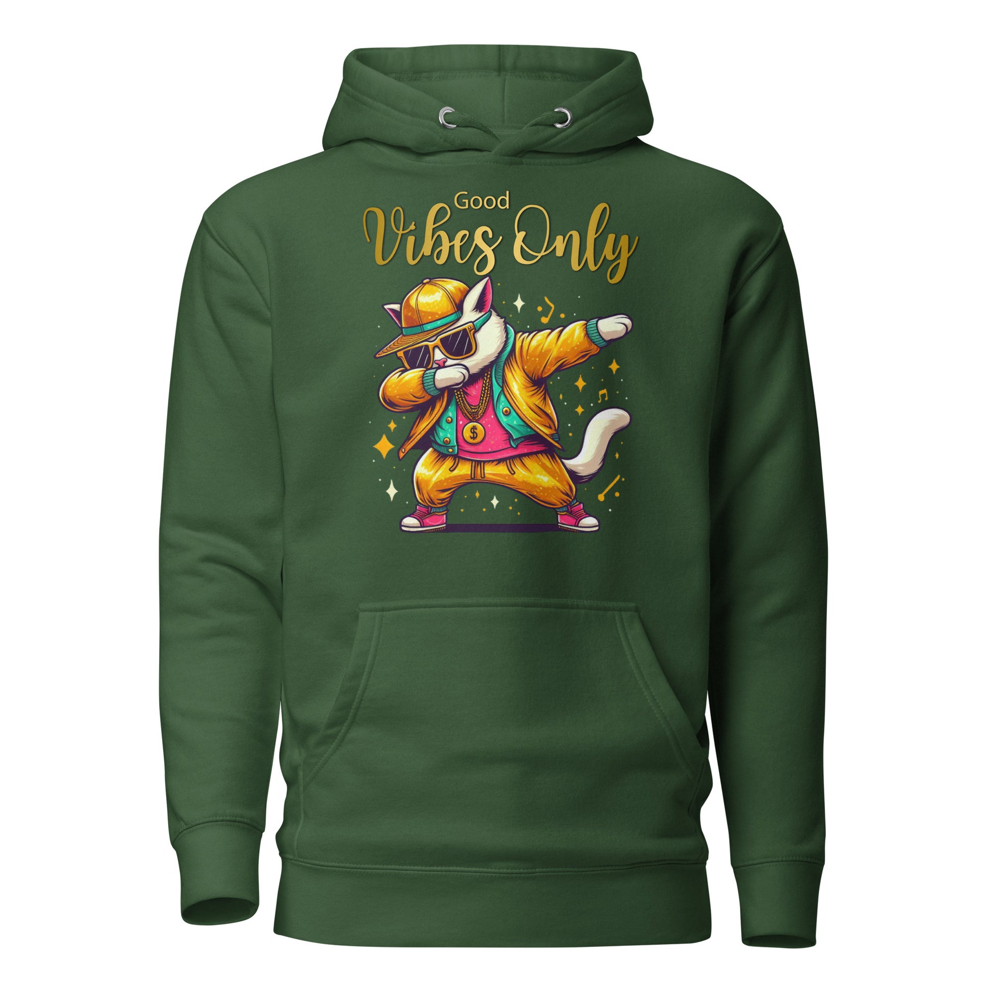 Unisex Good Vibes Cat Hoodie featuring a dabbing cat in hip-hop streetwear – premium graphic hoodie by Hipyfi Clothes & Design. forest-green-front-2