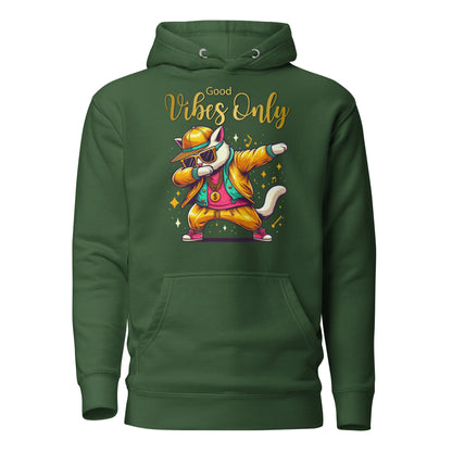 Unisex Good Vibes Cat Hoodie featuring a dabbing cat in hip-hop streetwear – premium graphic hoodie by Hipyfi Clothes & Design. forest-green-front-2