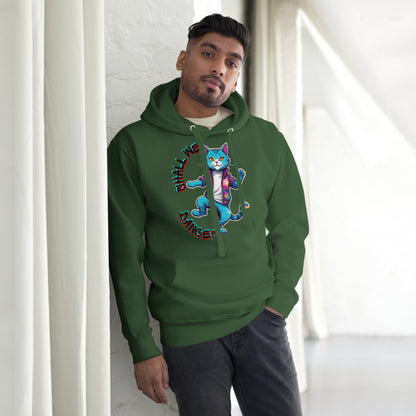 Hipyfi Unisex Premium Hoodie with Vibrant Dance Cat Graphic - Streetwear Style, Soft Cotton Blend, Front Pouch Pocket and Cozy Hood. forest-green-front-2
