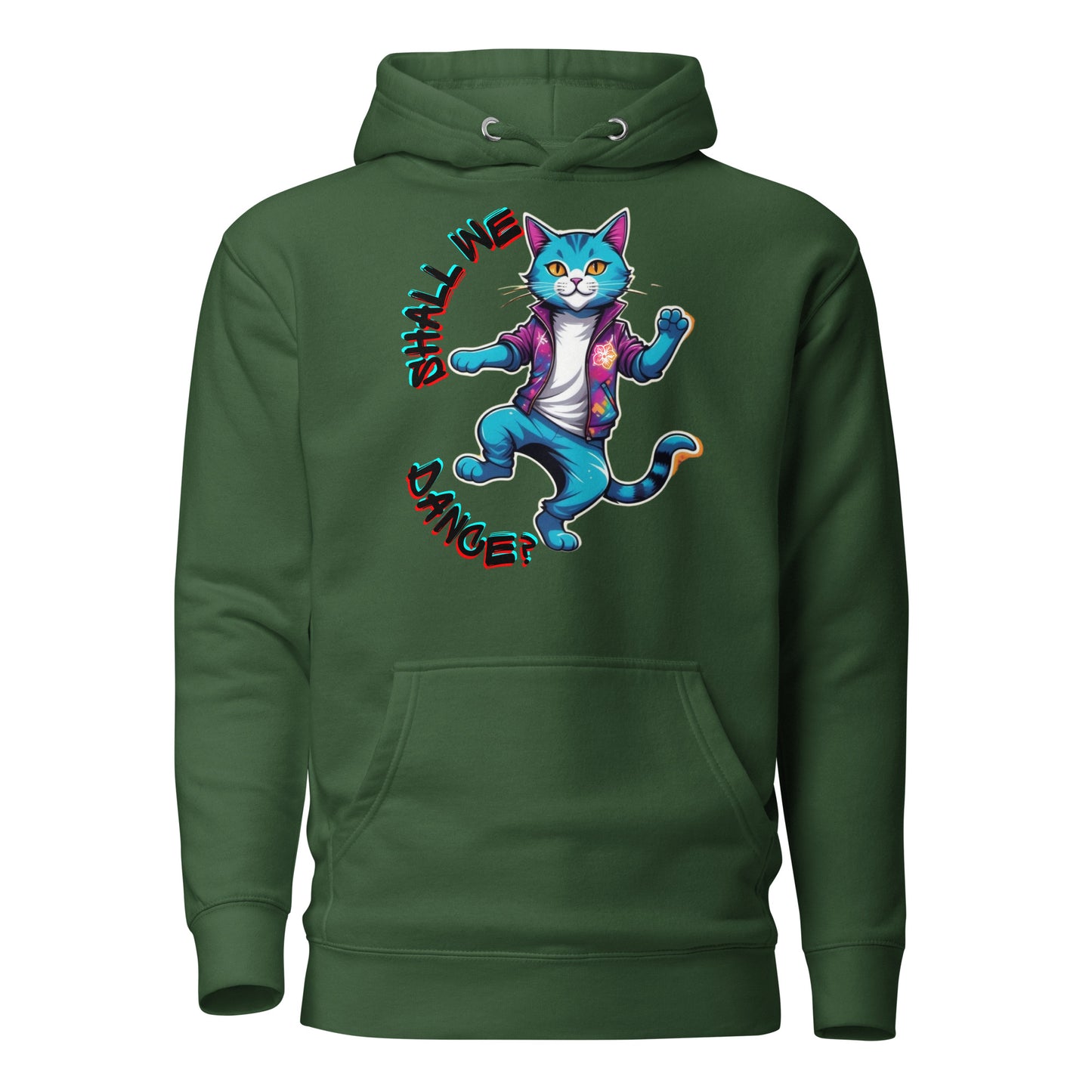 Hipyfi Unisex Premium Hoodie with Vibrant Dance Cat Graphic - Streetwear Style, Soft Cotton Blend, Front Pouch Pocket and Cozy Hood. forest-green-front-2