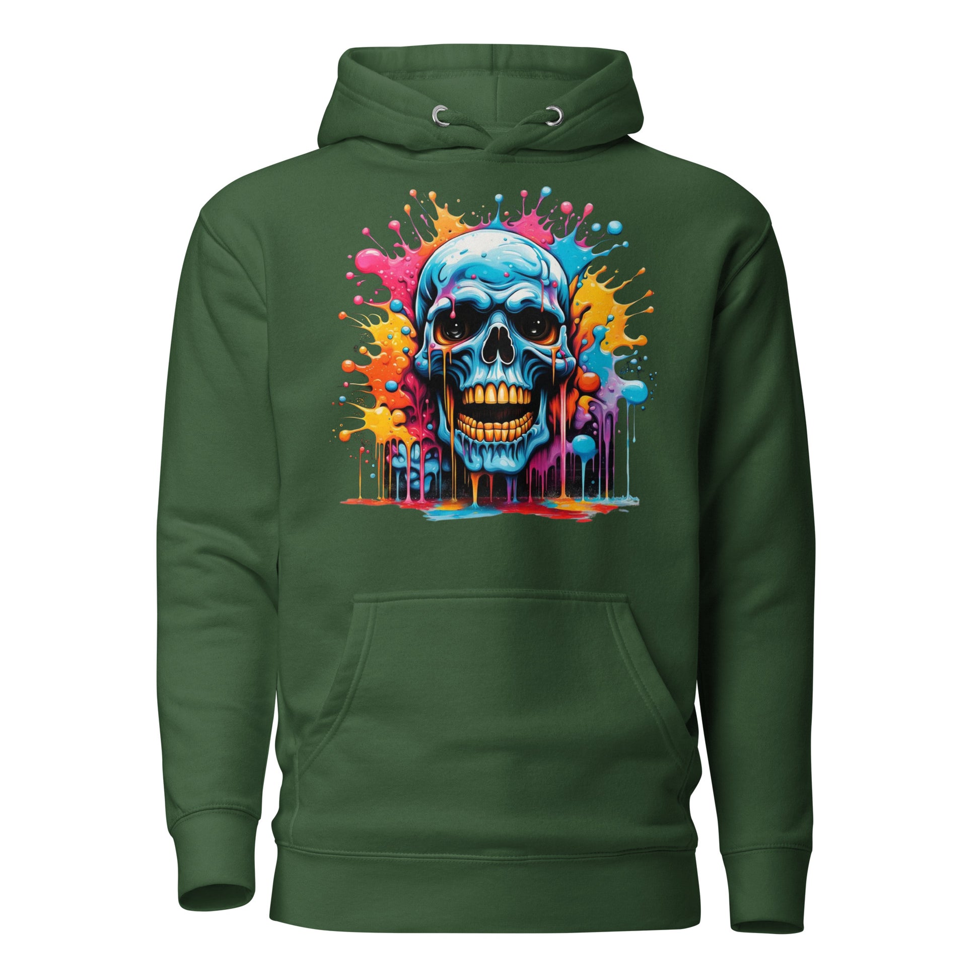 Blue Skull Splash Unisex Streetwear Hoodie by Hipyfi – Digital Art and Graffiti Style. forest-green-front-2