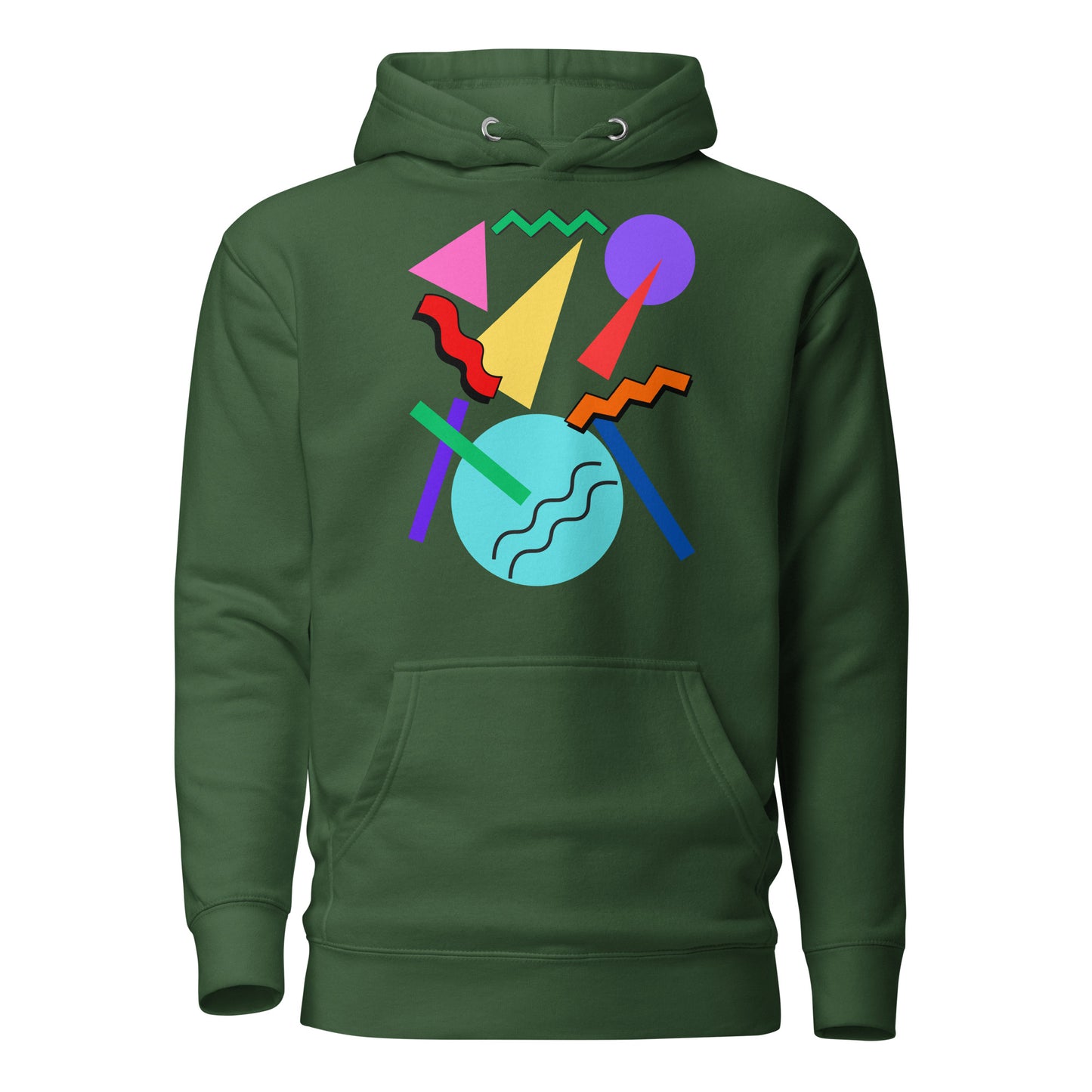 Retro Pop Memphis Hoodie with colorful geometric abstract design – unisex streetwear by Hipyfi Clothes & Design. forest-green-front-2