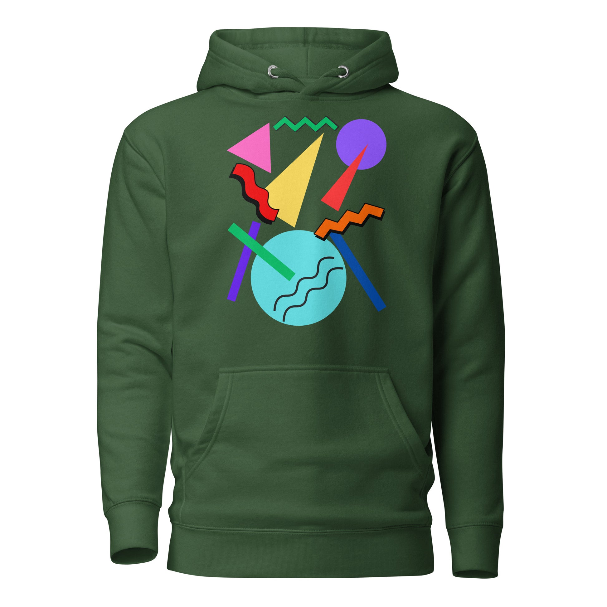 Retro Pop Memphis Hoodie with colorful geometric abstract design – unisex streetwear by Hipyfi Clothes & Design. forest-green-front-2