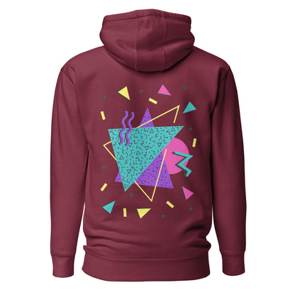 Retro Pop Memphis Hoodie with colorful geometric abstract design – unisex streetwear by Hipyfi Clothes & Design. maroon-back-2