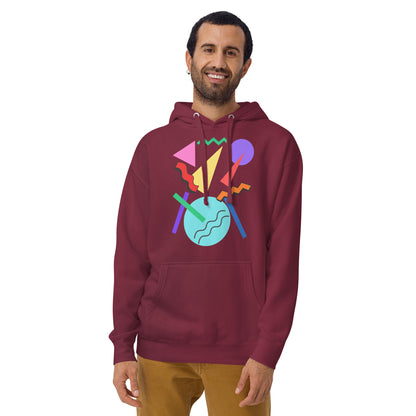 Retro Pop Memphis Hoodie with colorful geometric abstract design – unisex streetwear by Hipyfi Clothes & Design. maroon-front