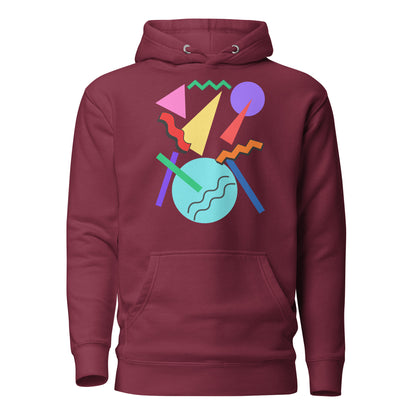 Retro Pop Memphis Hoodie with colorful geometric abstract design – unisex streetwear by Hipyfi Clothes & Design. maroon-front-2