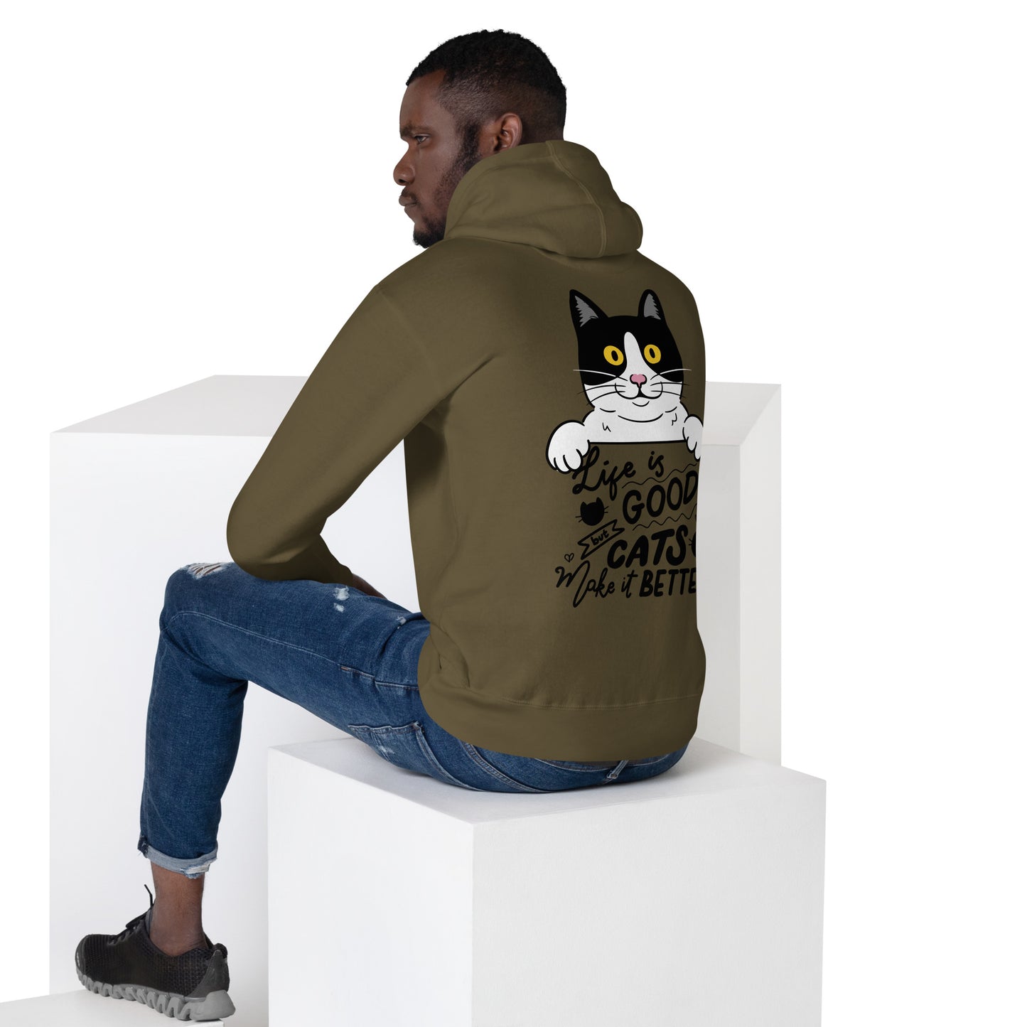 Unisex premium cat hoodie with cartoon black-and-white cat and “Life is Better With Cats” quote – Hipyfi Clothes & Design. military-green-back