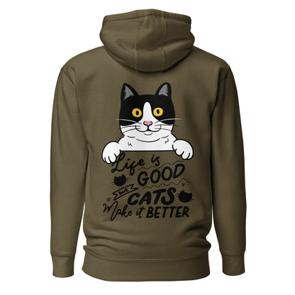 Unisex premium cat hoodie with cartoon black-and-white cat and “Life is Better With Cats” quote – Hipyfi Clothes & Design. military-green-back-2