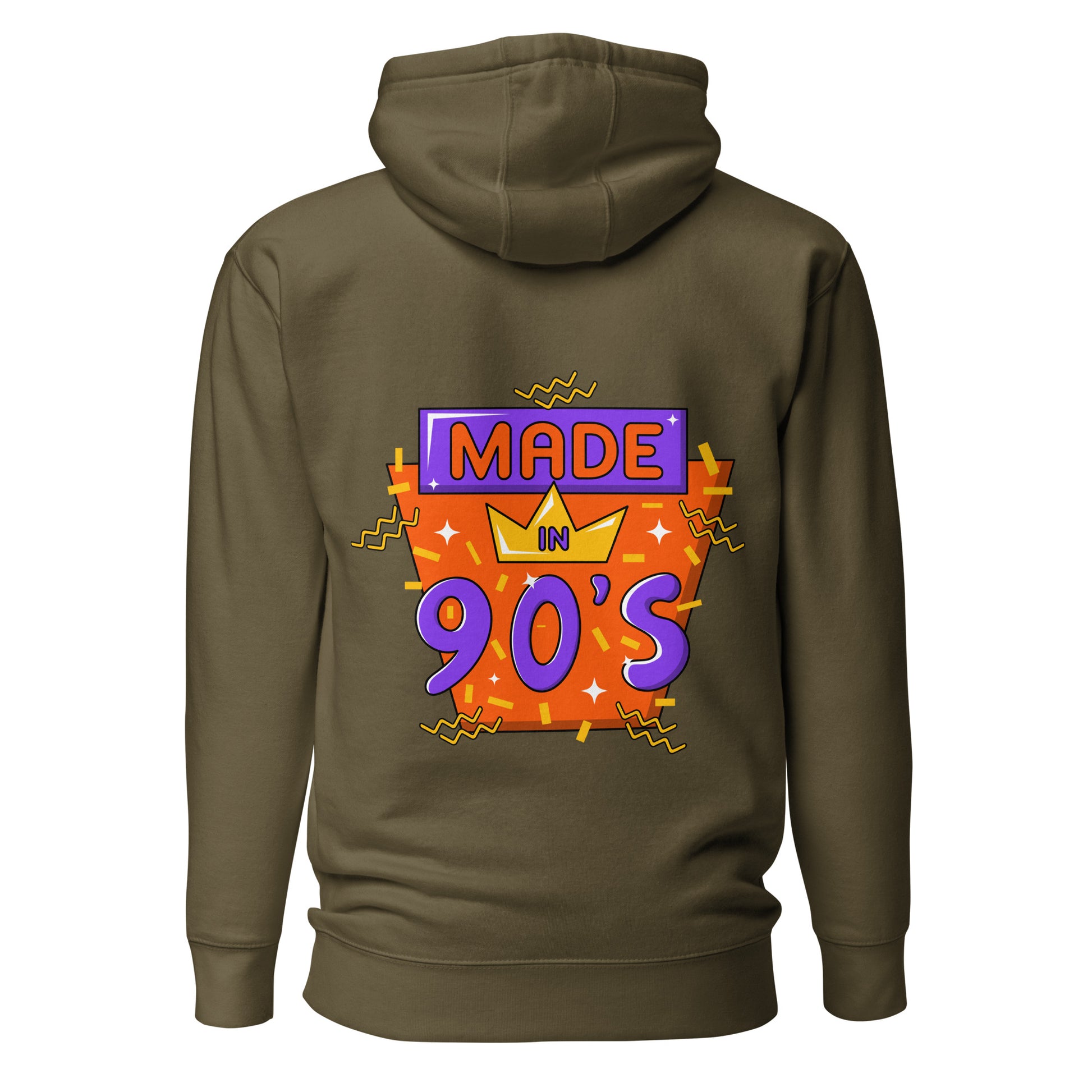 Back to 90s retro unisex graphic hoodie with colorful vintage design – Hipyfi Clothes & Design. military-green-back-2
