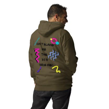 Unisex 80s graphic hoodie with retro slogan – Made in the 80s Vibes by Hipyfi Clothes & Design. military-green-back