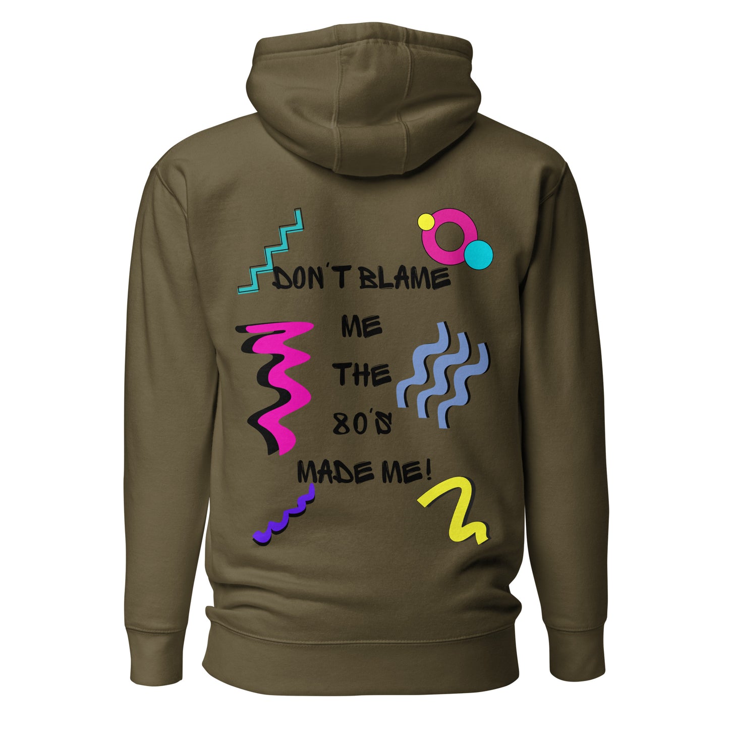 Unisex 80s graphic hoodie with retro slogan – Made in the 80s Vibes by Hipyfi Clothes & Design. military-green-back-2