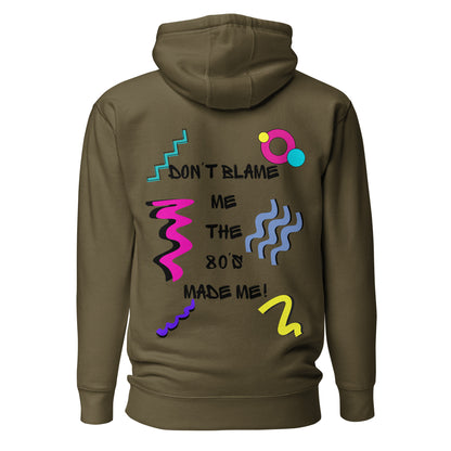 Unisex 80s graphic hoodie with retro slogan – Made in the 80s Vibes by Hipyfi Clothes & Design. military-green-back-2