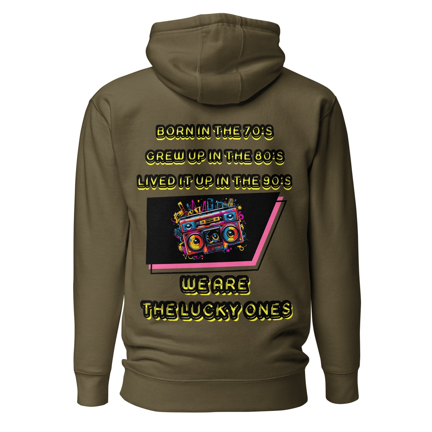 Retro graphic unisex hoodie with 70s 80s 90s boombox design by Hipyfi – vintage streetwear style. military-green-back-2