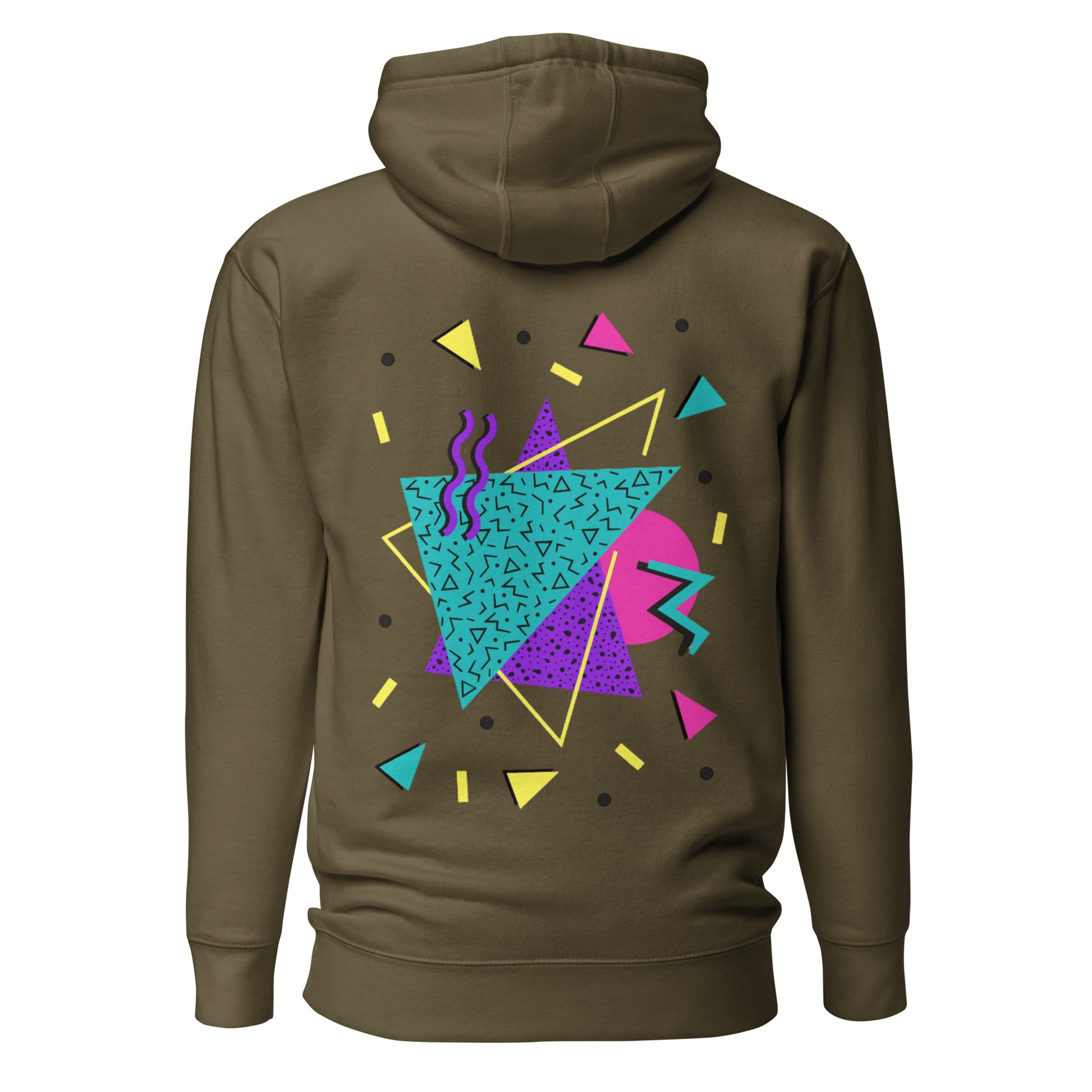 Retro Pop Memphis Hoodie with colorful geometric abstract design – unisex streetwear by Hipyfi Clothes & Design. military-green-back-2