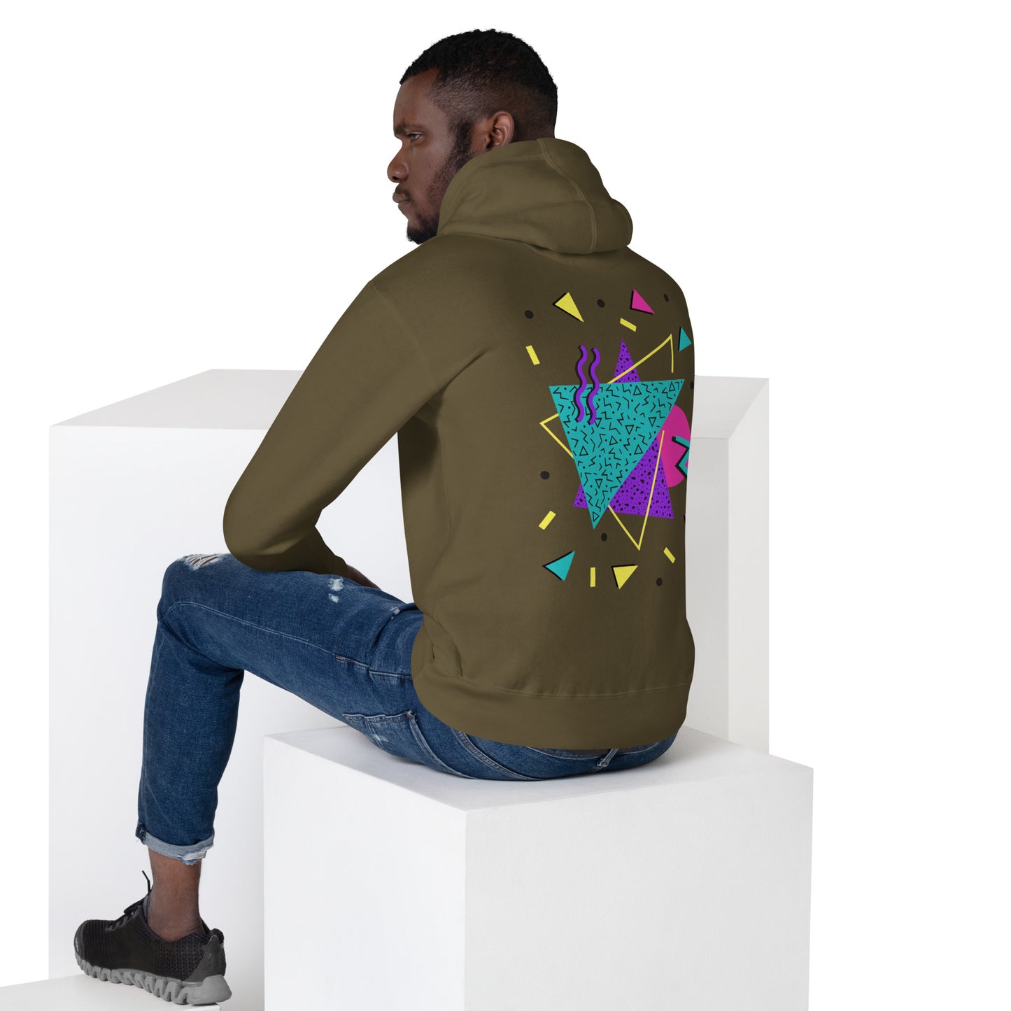 Retro Pop Memphis Hoodie with colorful geometric abstract design – unisex streetwear by Hipyfi Clothes & Design. military-green-back