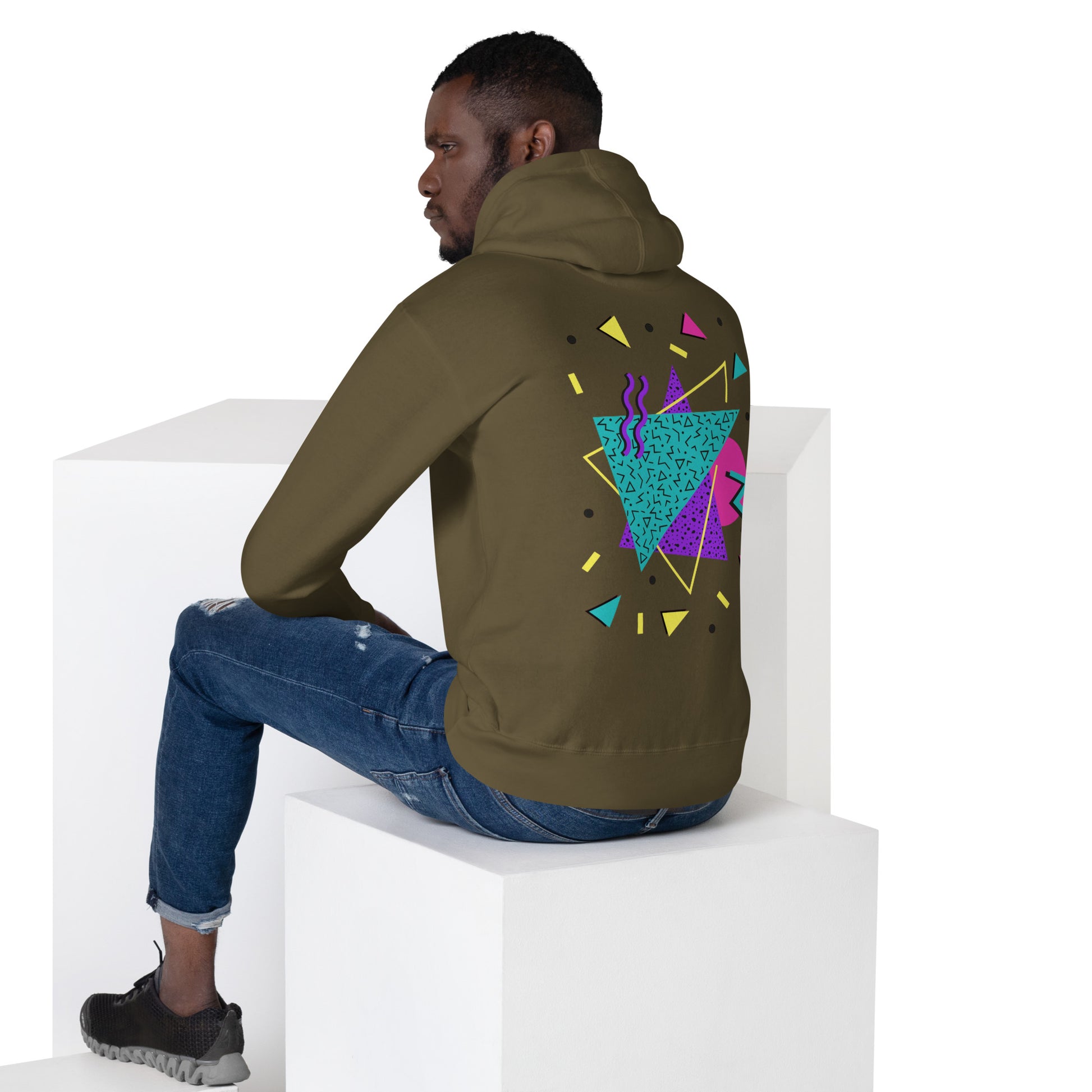 Retro Pop Memphis Hoodie with colorful geometric abstract design – unisex streetwear by Hipyfi Clothes & Design. military-green-back