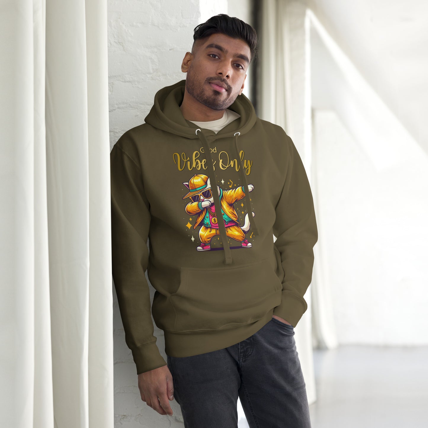 Unisex Good Vibes Cat Hoodie featuring a dabbing cat in hip-hop streetwear – premium graphic hoodie by Hipyfi Clothes & Design. military-green-front