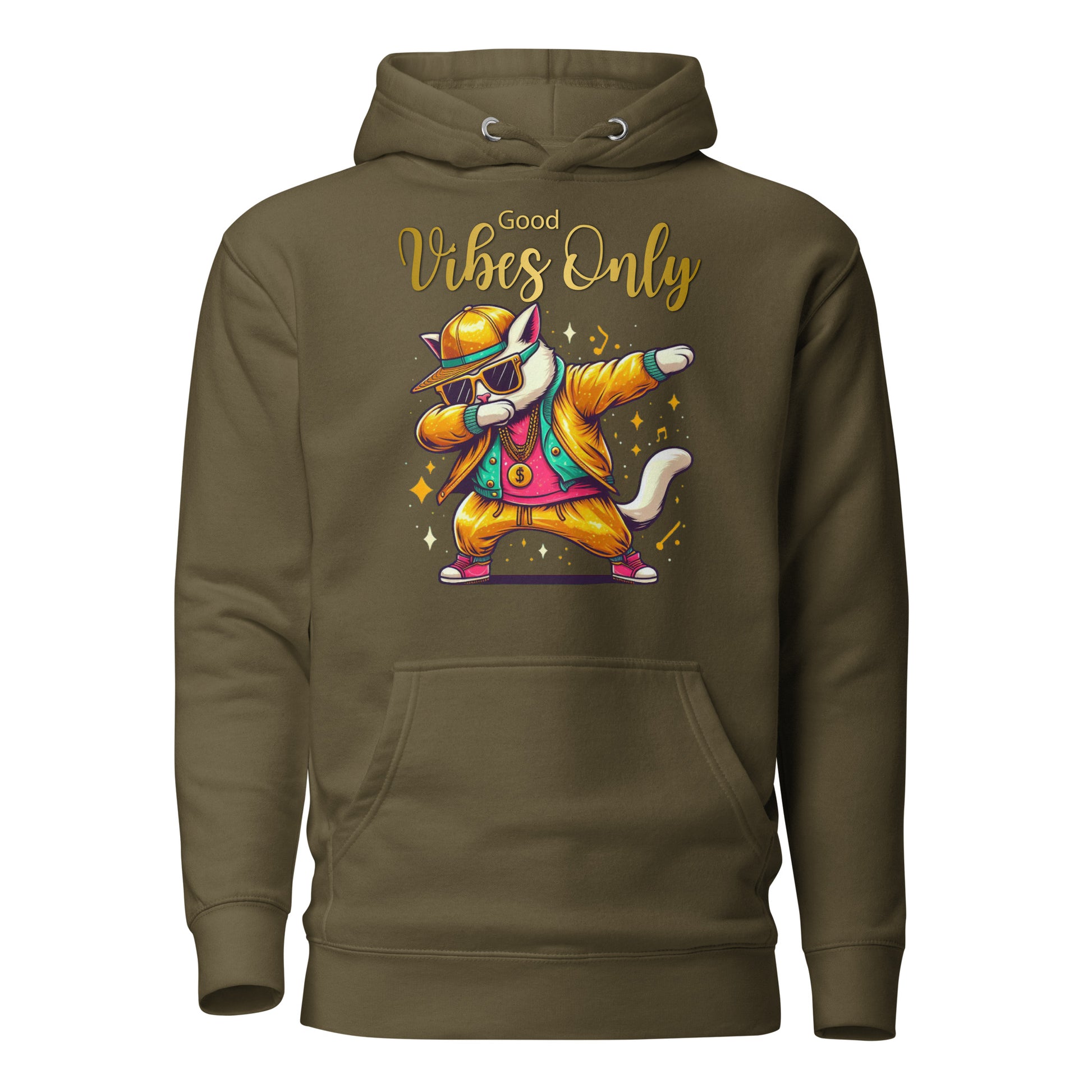 Unisex Good Vibes Cat Hoodie featuring a dabbing cat in hip-hop streetwear – premium graphic hoodie by Hipyfi Clothes & Design. military-green-front-2