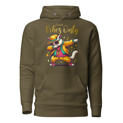 Unisex Good Vibes Cat Hoodie featuring a dabbing cat in hip-hop streetwear – premium graphic hoodie by Hipyfi Clothes & Design. military-green-front-2