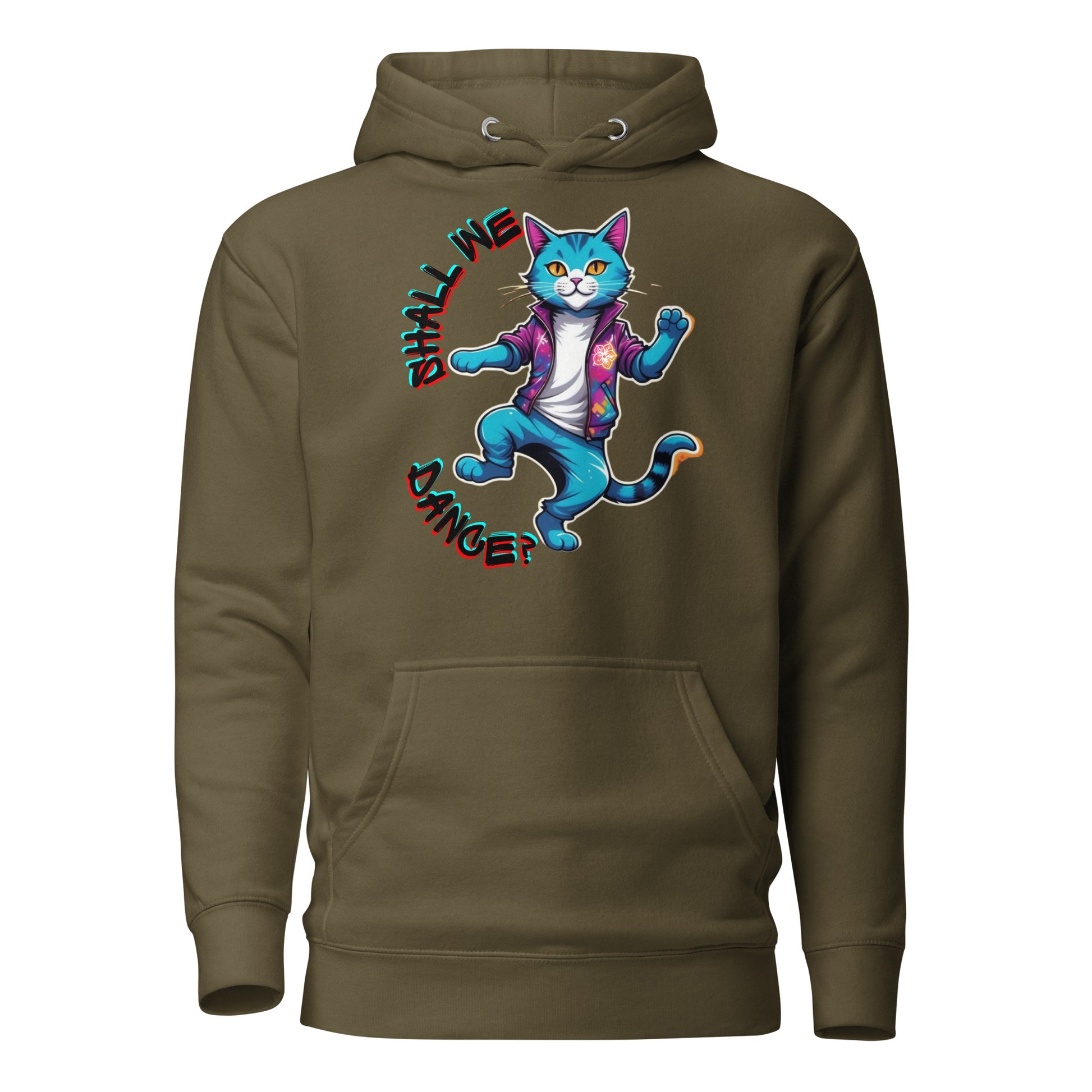 Hipyfi Unisex Premium Hoodie with Vibrant Dance Cat Graphic - Streetwear Style, Soft Cotton Blend, Front Pouch Pocket and Cozy Hood. military-green-front-2