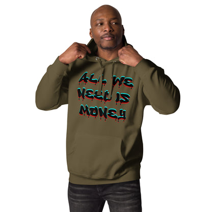 Unisex graffiti hoodie with 3D dripping text – ALL WE NEED IS MONEY design by Hipyfi Clothes & Design. military-green-front