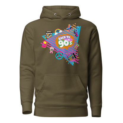 Back to 90s retro unisex graphic hoodie with colorful vintage design – Hipyfi Clothes & Design. military-green-front-2