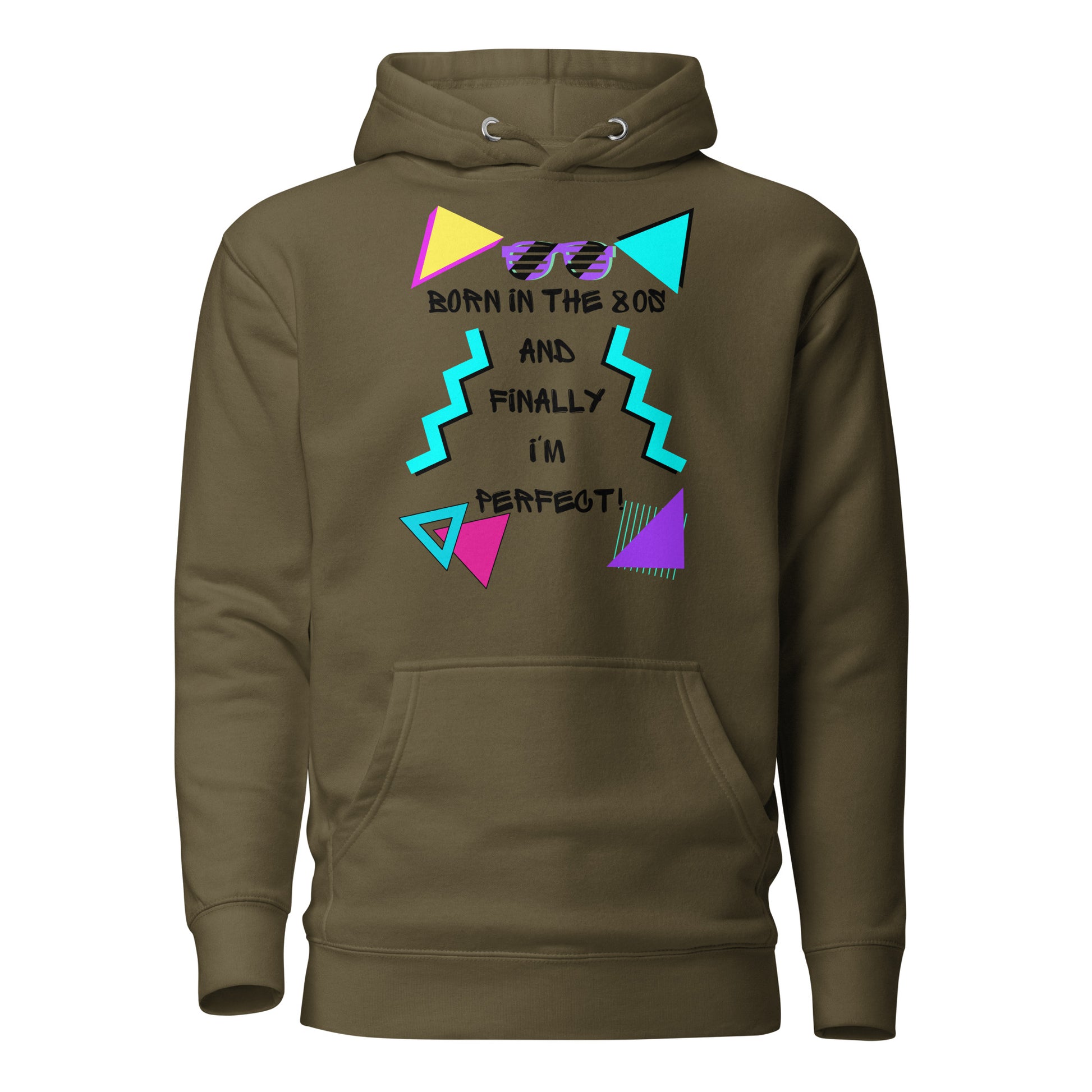 Hipyfi Premium 80s Neon Graphic Hoodie – Unisex Retro Pop Culture Design, Vibrant 80s-inspired geometric graphics. military-green-front-2