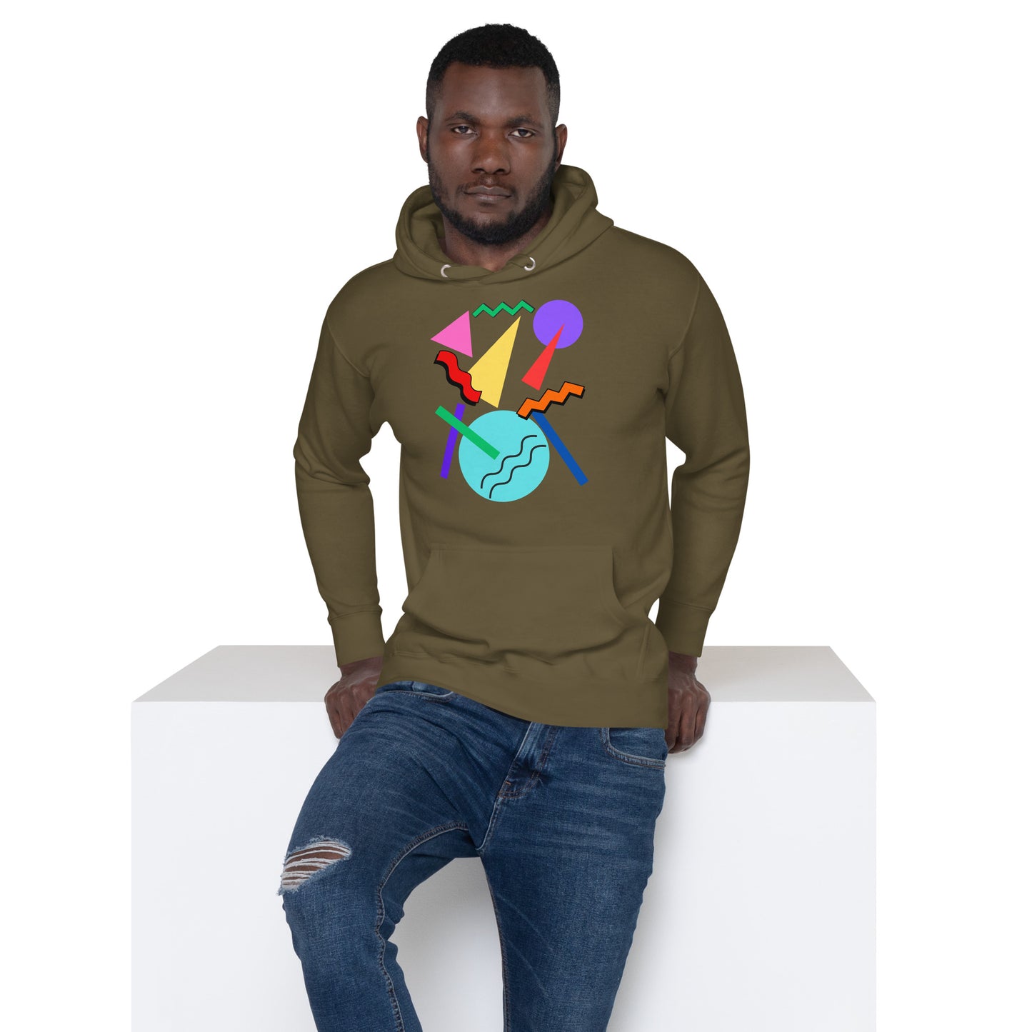 Retro Pop Memphis Hoodie with colorful geometric abstract design – unisex streetwear by Hipyfi Clothes & Design. military-green-front