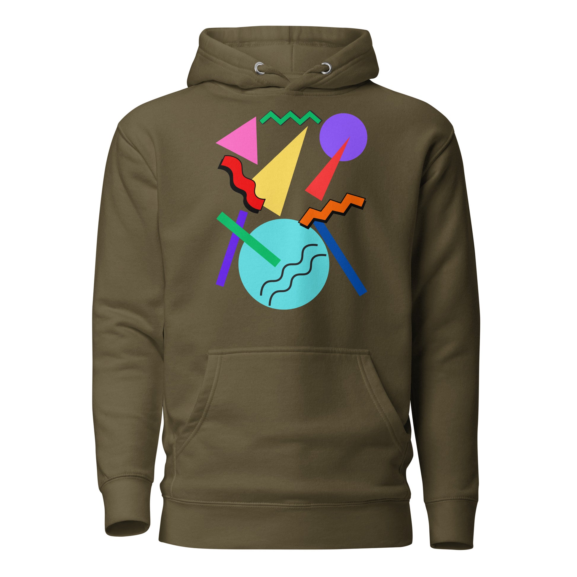 Retro Pop Memphis Hoodie with colorful geometric abstract design – unisex streetwear by Hipyfi Clothes & Design. military-green-front-2