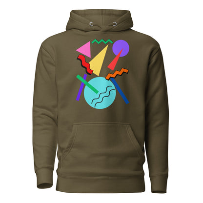 Retro Pop Memphis Hoodie with colorful geometric abstract design – unisex streetwear by Hipyfi Clothes & Design. military-green-front-2