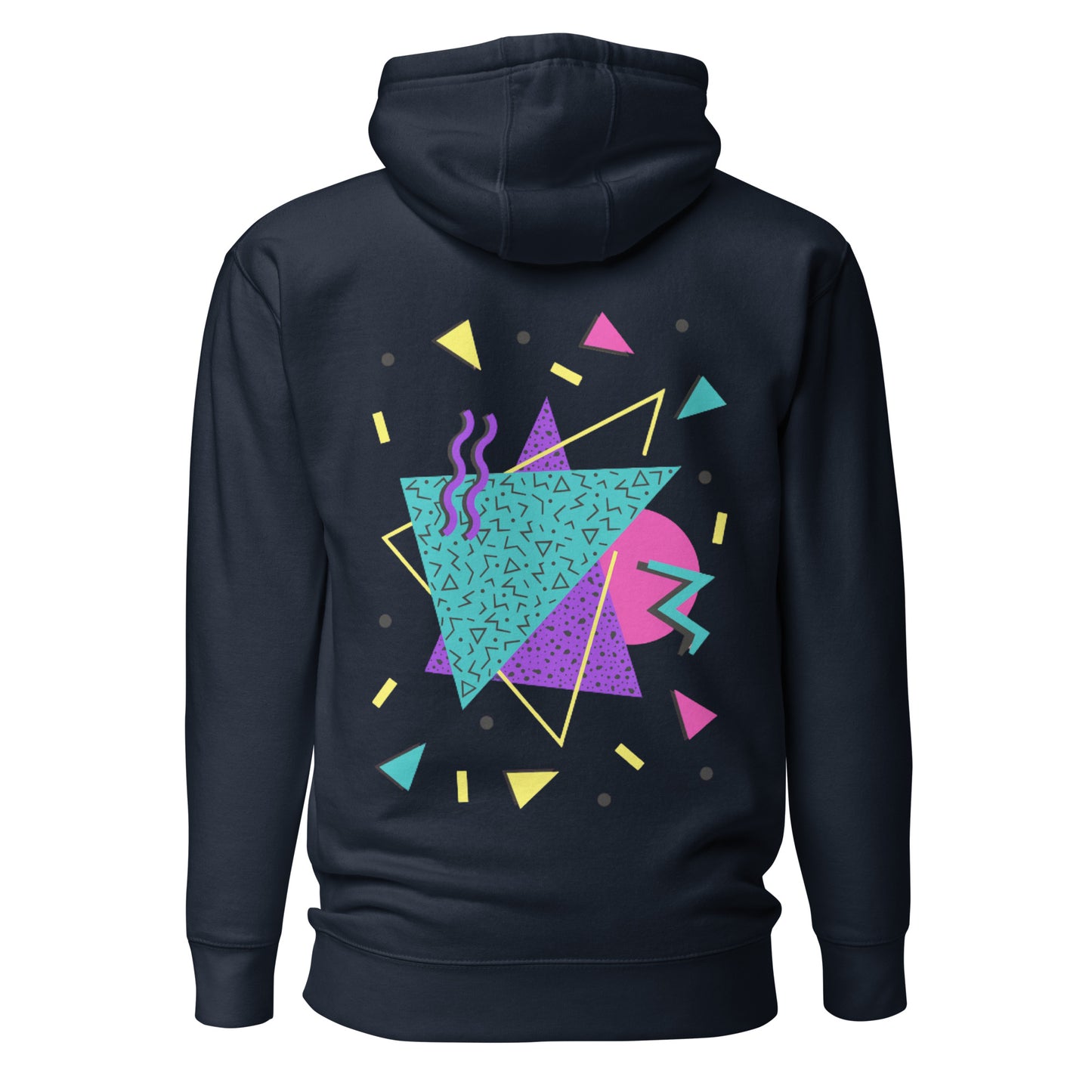 Retro Pop Memphis Hoodie with colorful geometric abstract design – unisex streetwear by Hipyfi Clothes & Design. navy-blazer-back-2