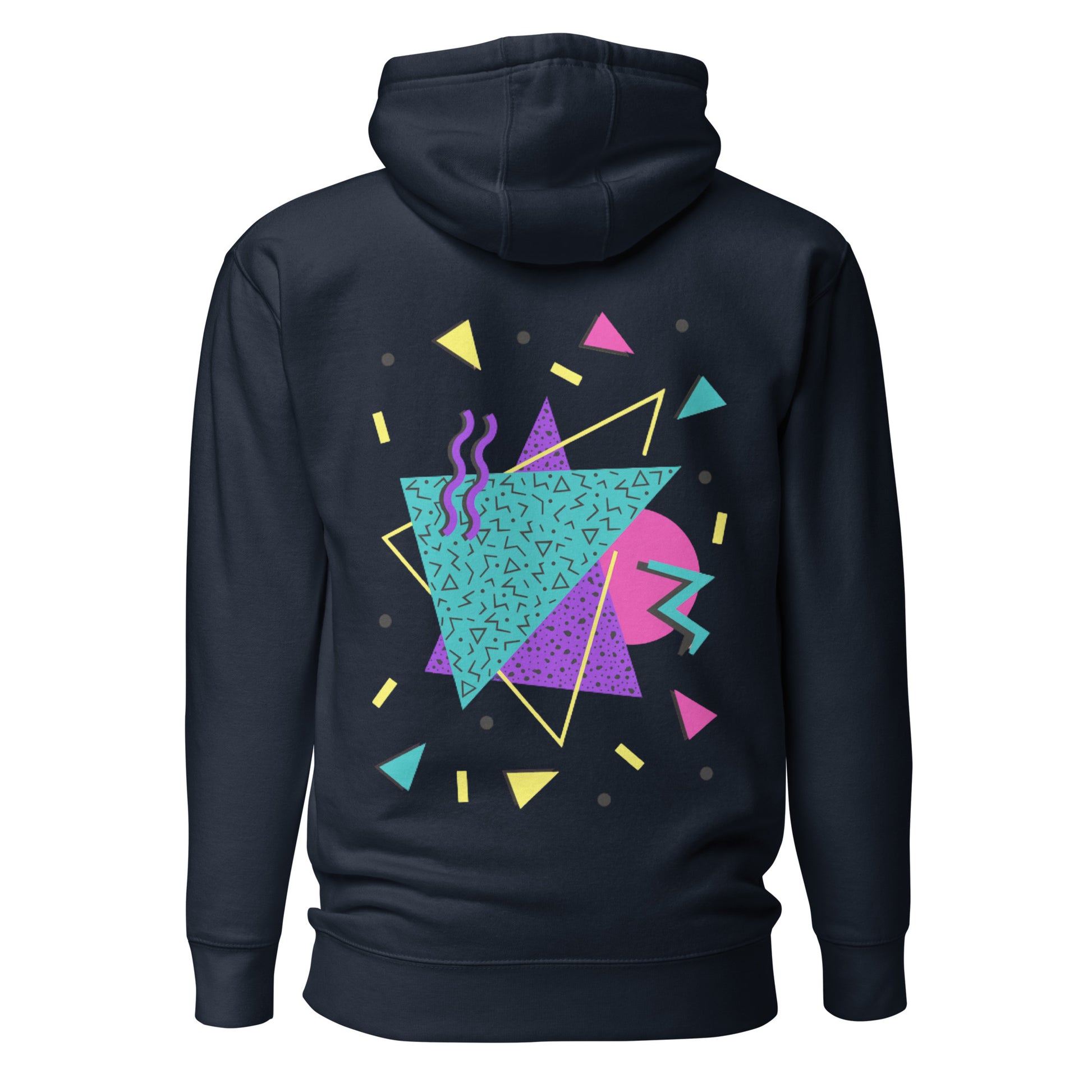 Retro Pop Memphis Hoodie with colorful geometric abstract design – unisex streetwear by Hipyfi Clothes & Design. navy-blazer-back-2