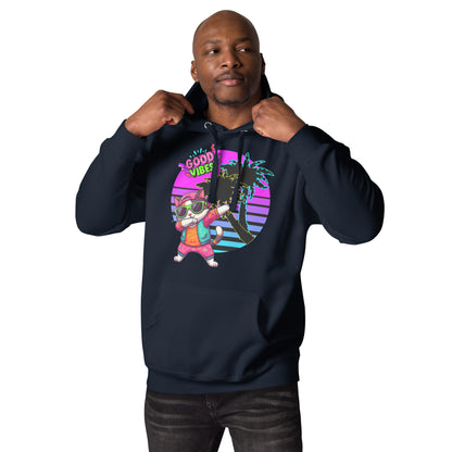 Unisex retro neon graphic hoodie with dabbing cat and Good Vibes text – Hipyfi streetwear. navy-blazer-front