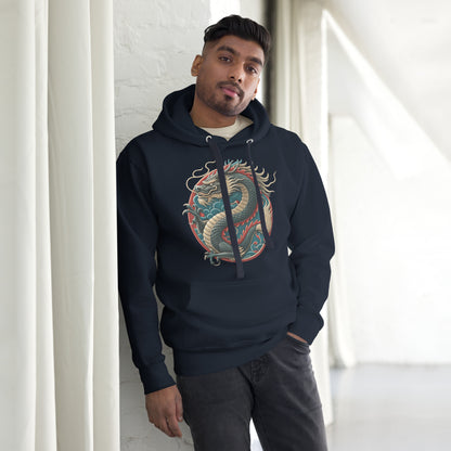 Unisex premium hoodie with Chinese dragon design – streetwear graphic by Hipyfi Clothes & Design. navy-blazer-front