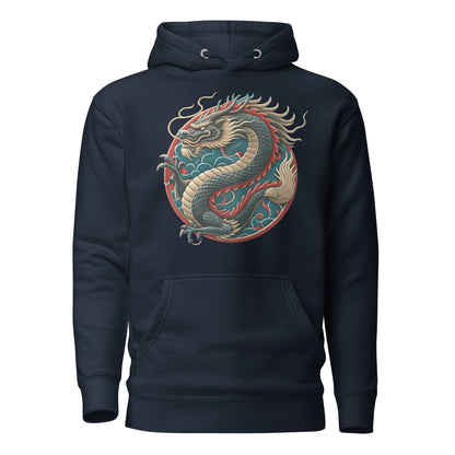 Unisex premium hoodie with Chinese dragon design – streetwear graphic by Hipyfi Clothes & Design. navy-blazer-front-2