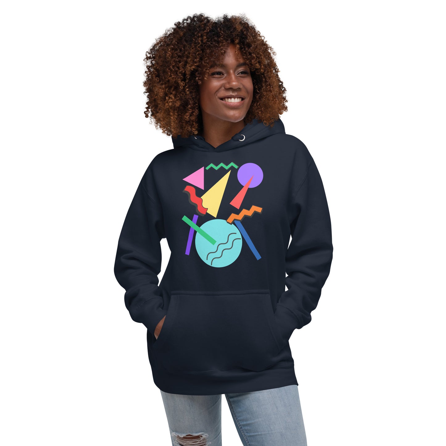 Retro Pop Memphis Hoodie with colorful geometric abstract design – unisex streetwear by Hipyfi Clothes & Design. navy-blazer-front
