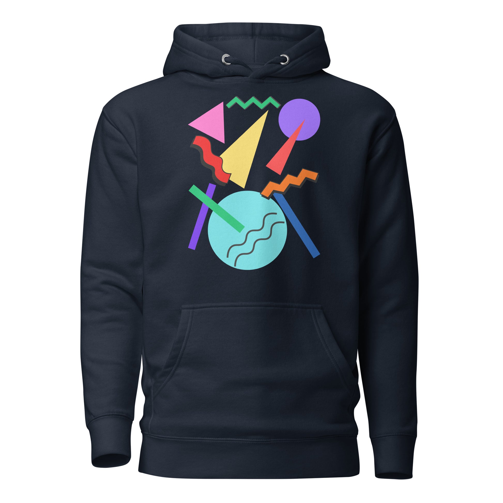 Retro Pop Memphis Hoodie with colorful geometric abstract design – unisex streetwear by Hipyfi Clothes & Design. navy-blazer-front-2